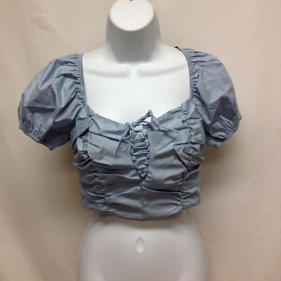 Forever 21 Juniors Ladies Woven Lace Up Back Zip Puff Sleeve Crop Top Size Small - Picture 1 of 3